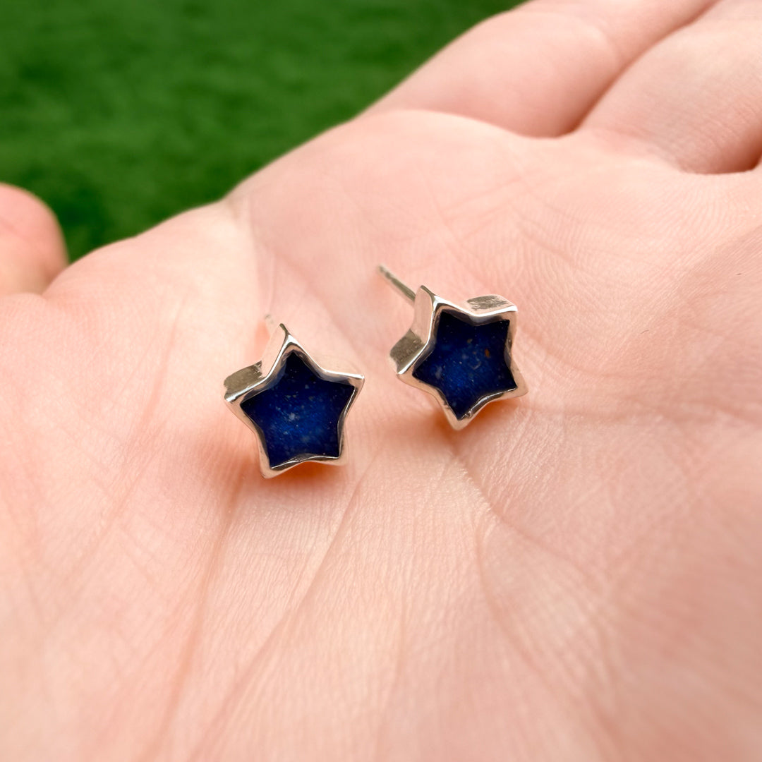 A pair of sterling silver star-shaped stud earrings with deep blue inlay, resting on an open palm with a green grass background.