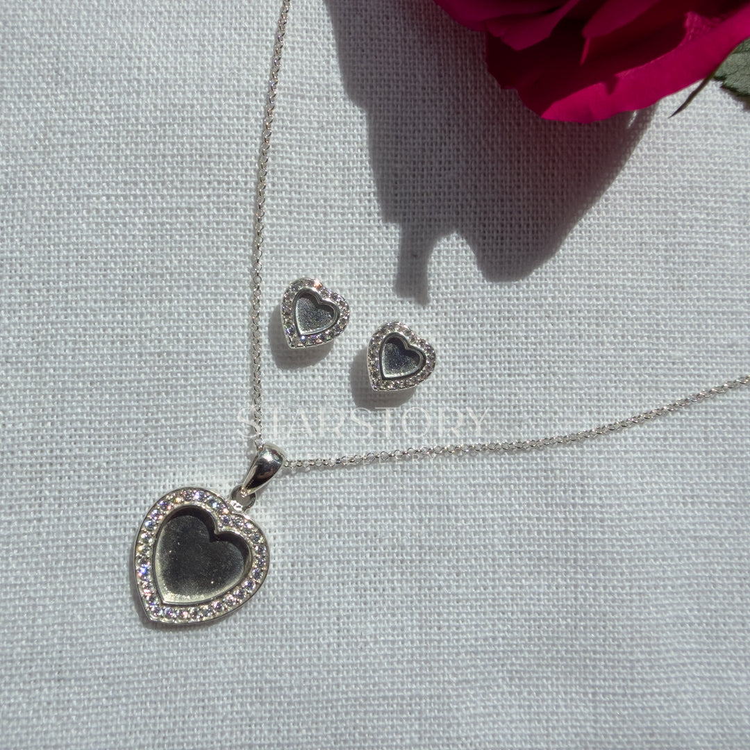Heart Memorial Sterling Silver earrings and necklace with cubic zirconia surround 