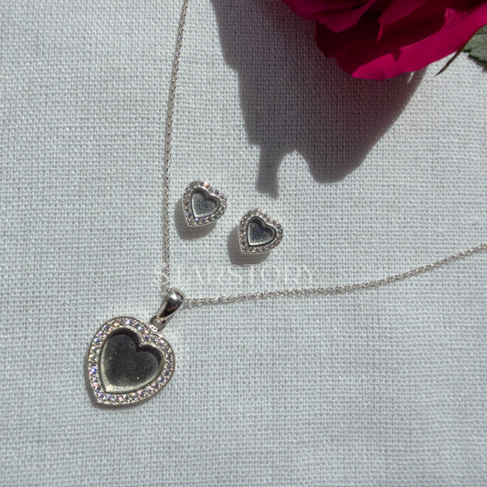 Heart Memorial Sterling Silver earrings and necklace with cubic zirconia surround 