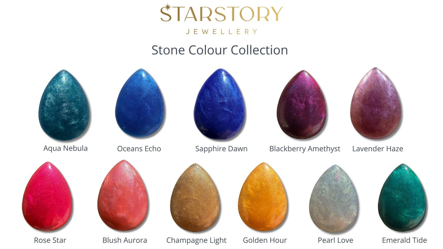 Starstory Jewellery stone color collection with various teardrop-shaped stones.