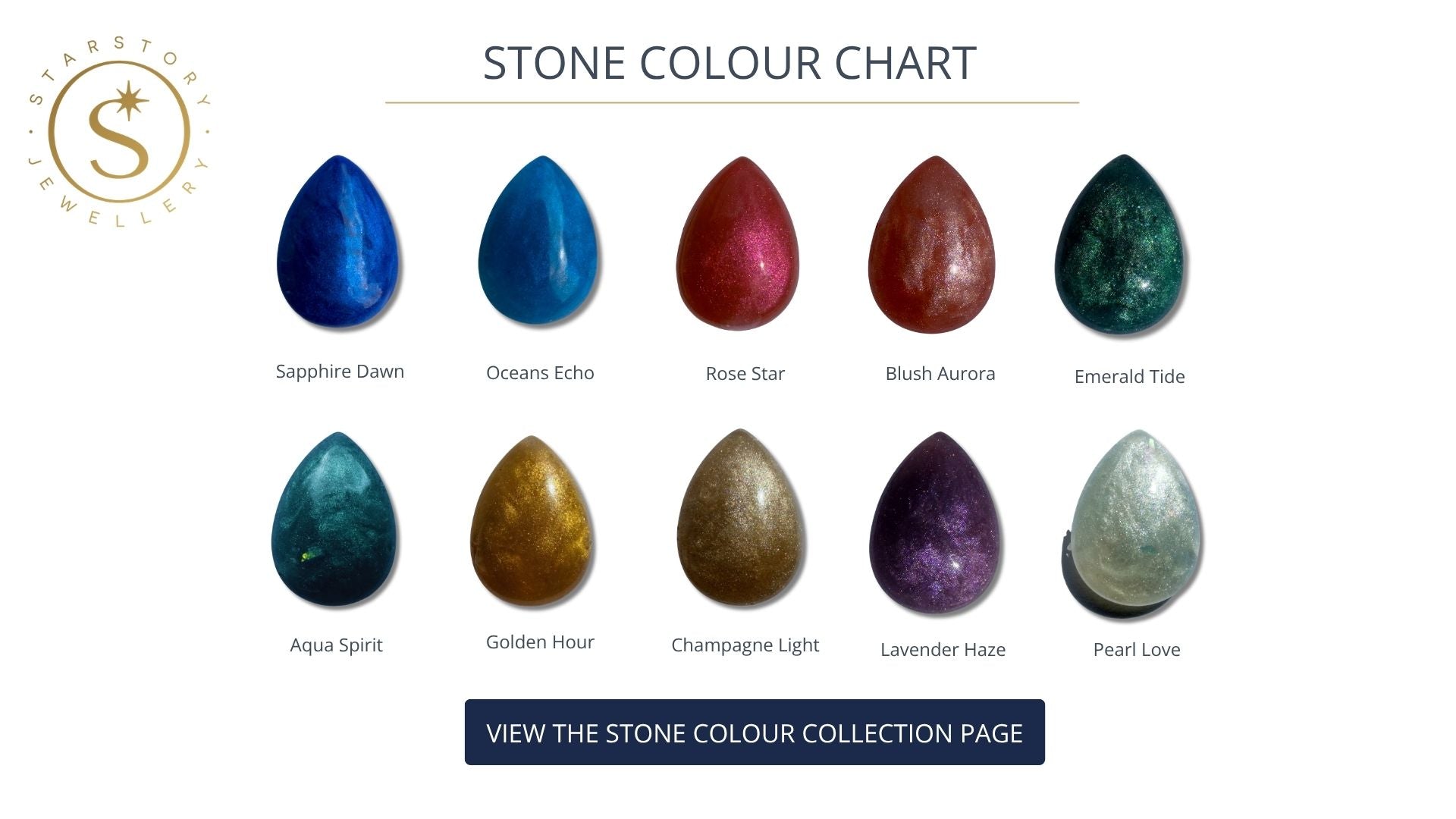 Stone color chart with various colored stones and names on a white background