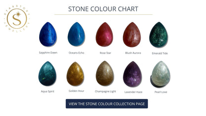 Stone color chart with various colored stones and names on a white background