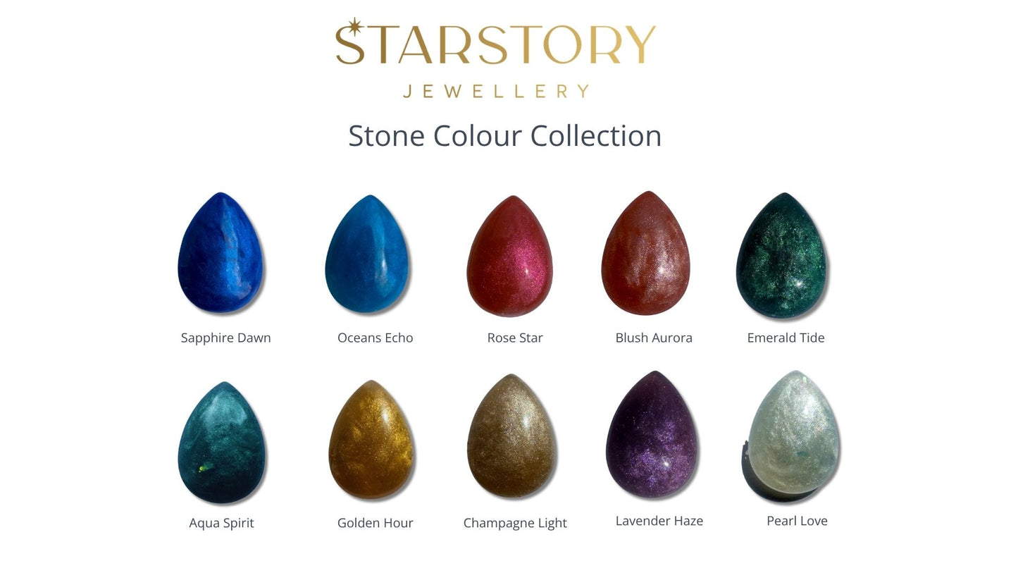 Starstory Jewellery stone colour collection with various resin coloured stones on a white background