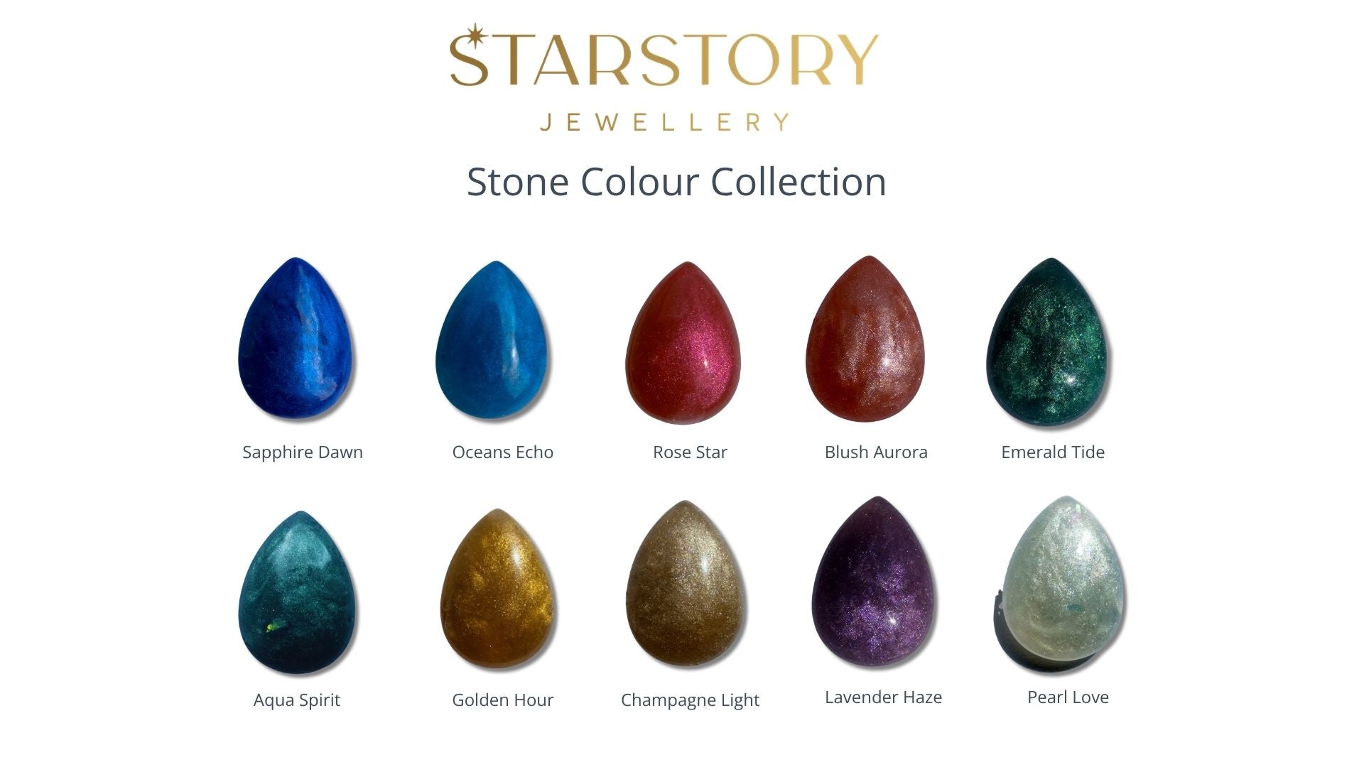 Starstory Jewellery stone colour collection with various resin coloured stones on a white background